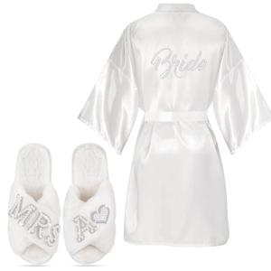 Mepase 2 Pcs Personalized Initial Bride Slippers and Bride Robe Mrs Slippers Bridal Robe Bridal Shower Gifts for Wedding Day(A,7-8)