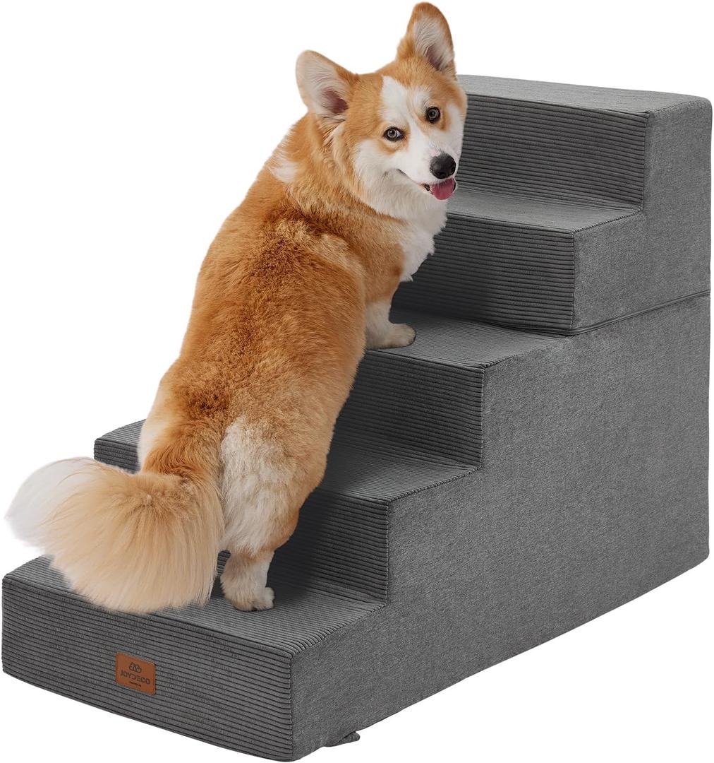 Joydeco Dog Stairs for Bed 25" H, 5-Step Pet Steps for Small Dogs and Cats, Dog Steps for High Bed, Non-Slip Balanced Ramp Indoor Pet Stairs, Gray 