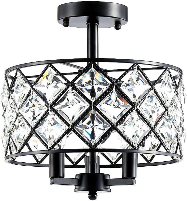 3 Lights E12 Modern Crystal Chandelier Black Round Semi Flush Mount Ceiling Light Fixture Farmhouse Chandelier for Dinning Room Living Room Bedroom Hallway Entryway Kitchen