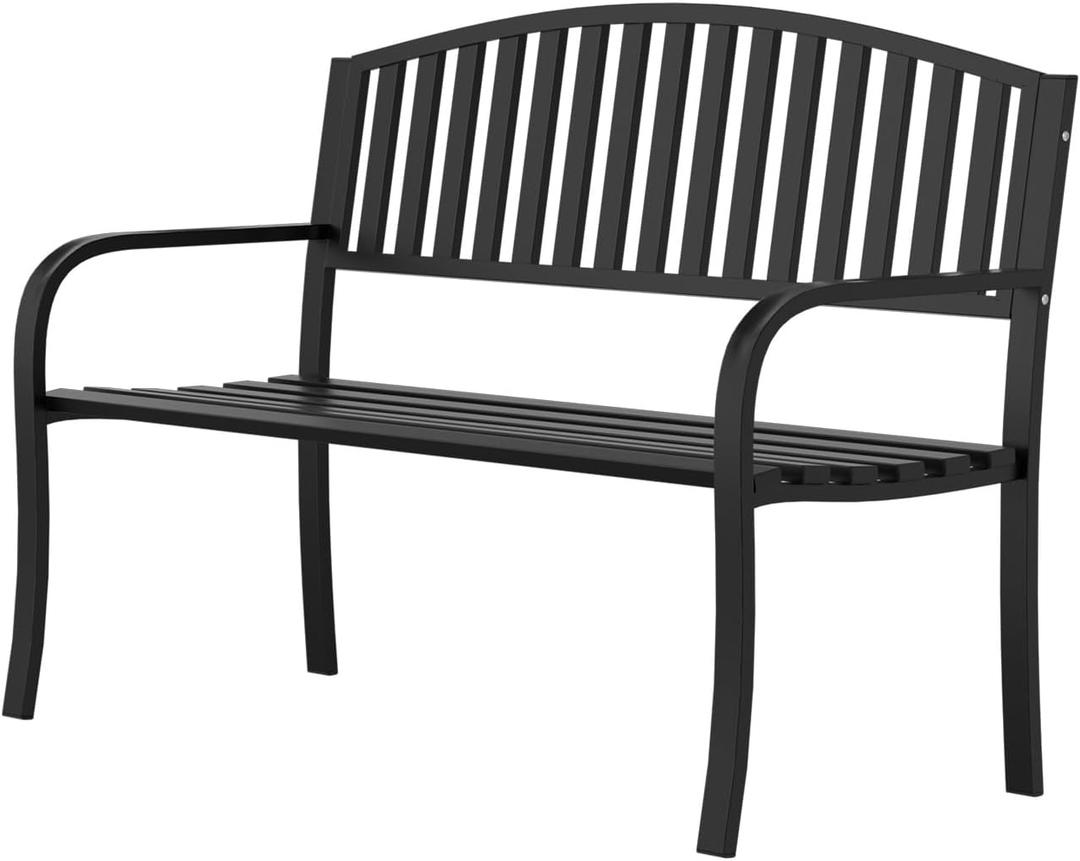 Garden Bench, 50" Outdoor Bench, 660LBS Wrought Iron Porch Bench, Patio Bench with Armrests for Garden Lawn or Yard, Black, 50.39" L x 21.26" W x 34" H