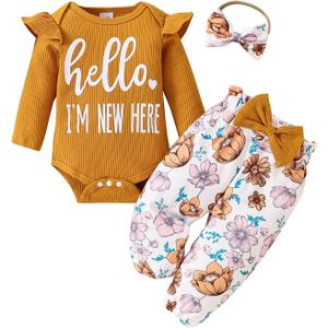 Baby Girl Clothes,Newborn Girl Outfit Long Sleeve Ruffle Romper Floral Long Pants Headband 3 PCS Fall Winter Clothing (3-6 Months, Brown)