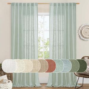 LAMIT Light Sage Linen Sheer Curtains for Bedroom, Faux Linen Textured Light Filtering Drapes Back Tab and Rod Pocket Boho Burlap Panels for Farmhouse/Living Room, 2 Panels, 52 x 84 Inch