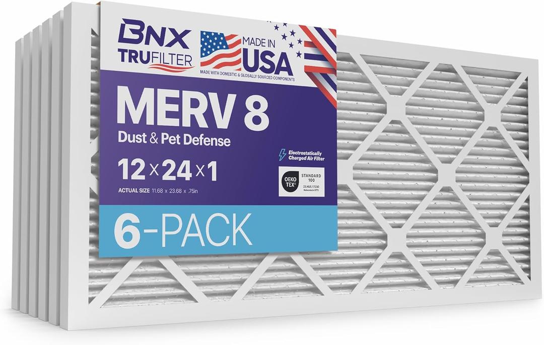 BNX TruFilter 12x24x1 Air Filter MERV 8 (6-Pack) - MADE IN USA – Dust & Pet Defense Electrostatic Pleated Air Conditioner HVAC AC Furnace Filters for Dust, Pet, Mold, Pollen MPR 600 – 700 & FPR 5