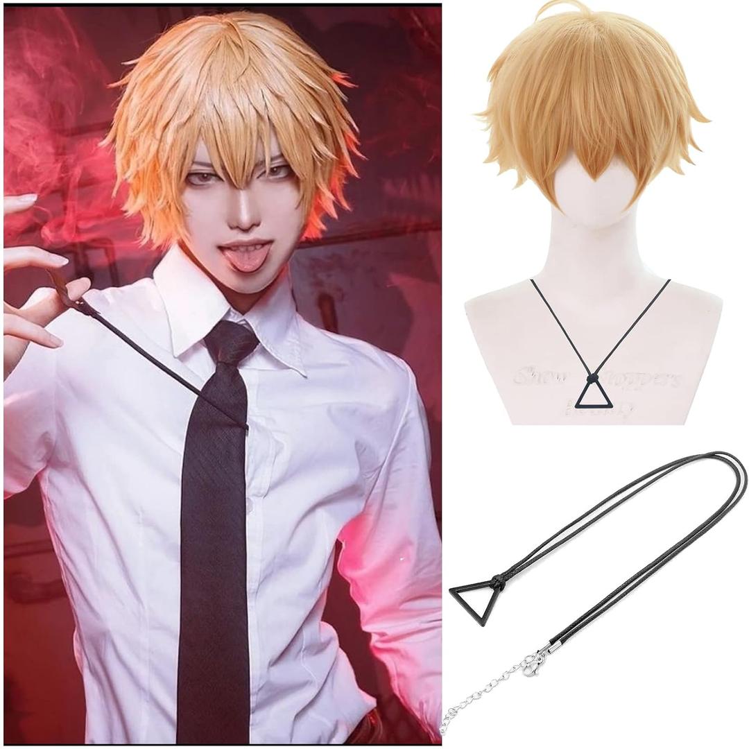 Denji Wig Blonde Anime Wig Short Blonde Mens Hair Denji Cosplay Hair with Necklace Heat Resistant Synthetic for Costume Halloween Party