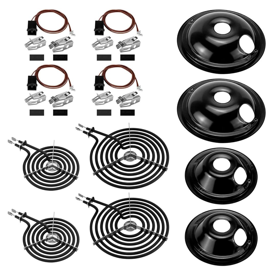 WB30M1 WB30M2 Electric Stove Burners & WB17T10006 Terminal Block Kit & WB31M19 WB31M20 Black Porcelain Burner Drip Pans Set Fit for G-E Ken-More Hot-Point Electric Range Burner Set by Fetechmate
