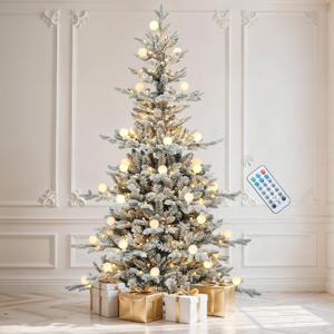 DWVO 7.5ft Prelit Flocked Aspen Fir Christmas Tree with Bulbs and Lights, Full Artificial Xmas Tree with 1734 Metal Hinged PE & PVC Flame Resistant Branches, 58 Bulbs and 350 Lights Remote Controlled