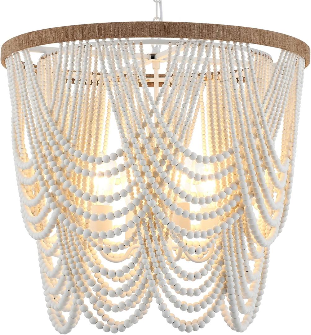 26 Boho Wood Beaded Chandelier Rustic Farmhouse Pendant Light 4-Lights Large Coastal Chandelier for Living Room Dining Room Foyer Entryway Bedroom, Oak White, E26, UL Listed, Curtain