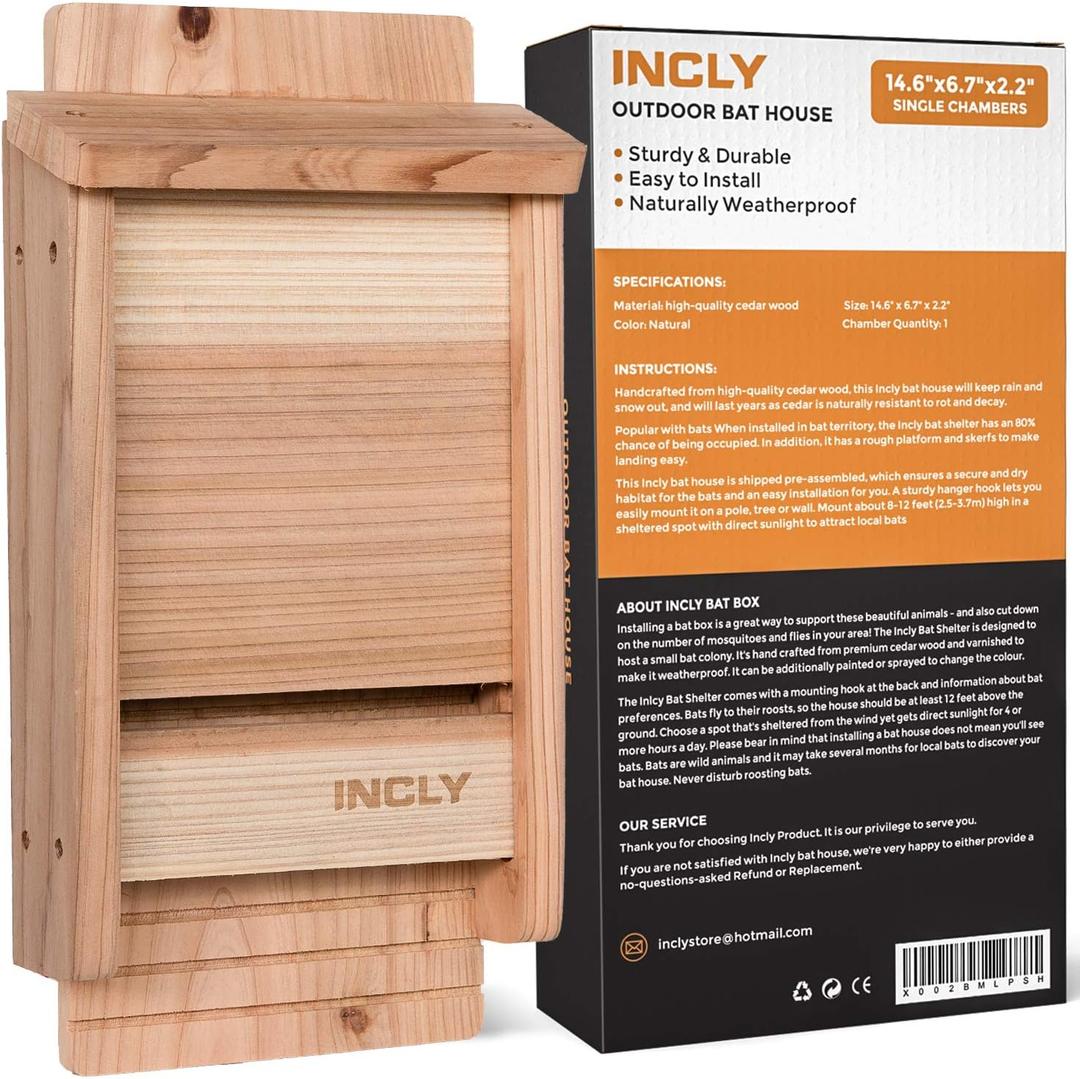INCLY Small Bat House Kit for Outdoors 14.6"x6.7"x2.2" Shelter Box Roosting Single Chamber Natural Cedar Wood, Pre-Finished Easy to Install