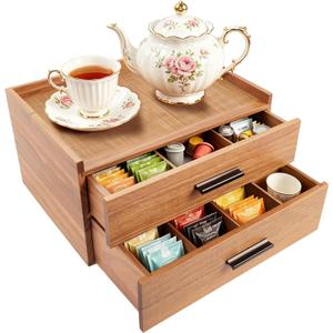 Wood Tea Bag Organizer with Double Drawer, 21-compartment Tea Bag Holder Container Boxes for Countertop, Tea Organizers and Storage Box for Desks, Cupboards and Living Rooms