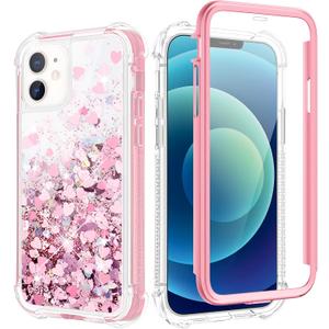 Caka Case for iPhone 12 Pro, iPhone 12 Glitter Case for Women Girls Full Body Bling Liquid Sparkle Flowing Quicksand Clear Protective Case for iPhone 12 Pro 12 (6.1 inches, 2020) (Rose Gold)