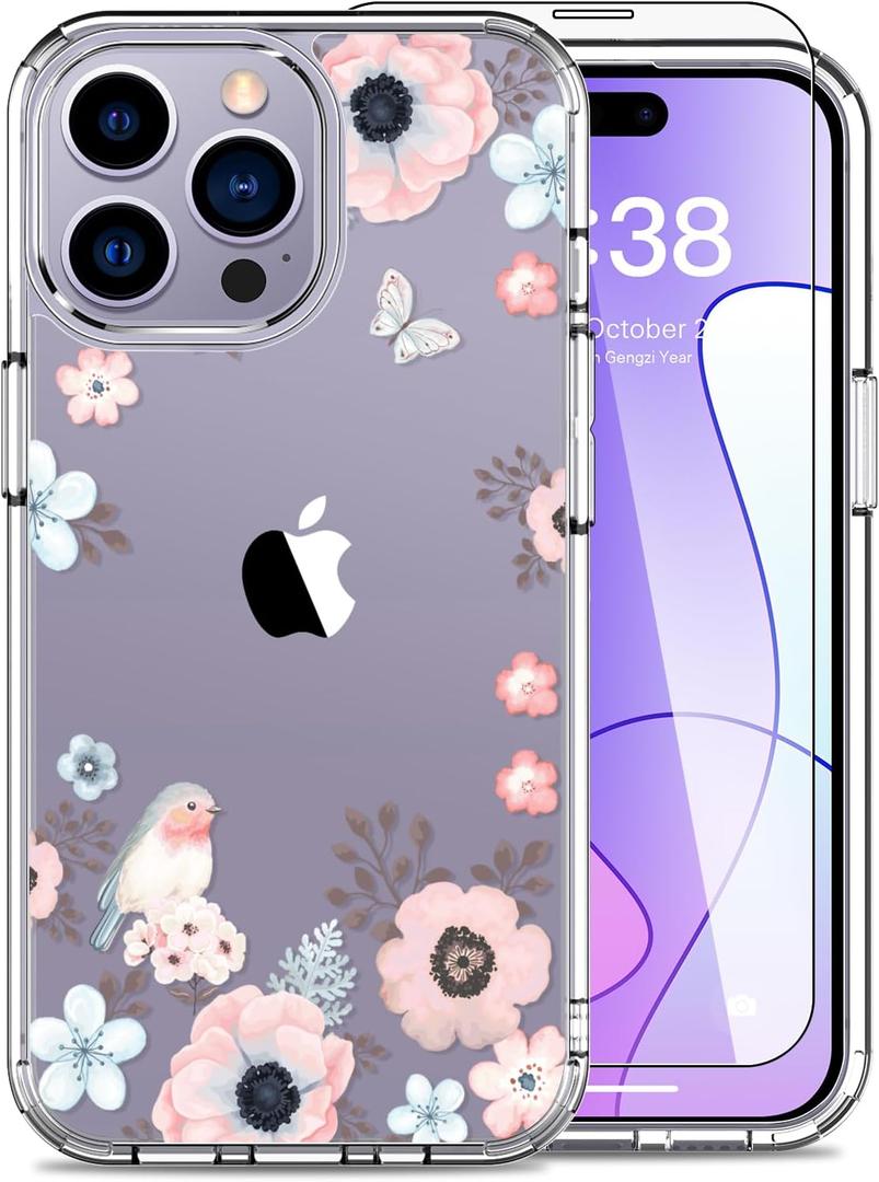 2 x LUHOURI for iPhone 15 Pro Max Case with Screen Protector - Crystal Acrylic Clear - Fashionable Designs for Women and Girls - Slim Fit Shockproof Protective Phone Cover 6.7",Nice Blossoms
