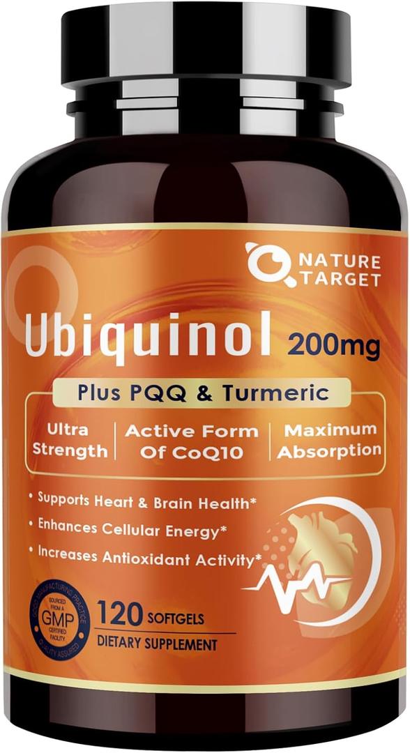 NATURE TARGET Ubiquinol CoQ10 200mg with PQQ & Turmeric, 120 Count | High Absorption Coenzyme Q10 with ALA & Black Pepper, Supports Antioxidant for Brain Health, Energy Production, BBD 12/2028