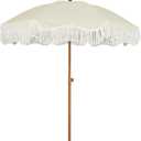 AMMSUN 6.5ft Boho Outdoor Umbrella with Fringe, UPF 50+ Picnic Umbrella with Tassels, Premium Steel Pole and Push Button Tilt, Light Beige