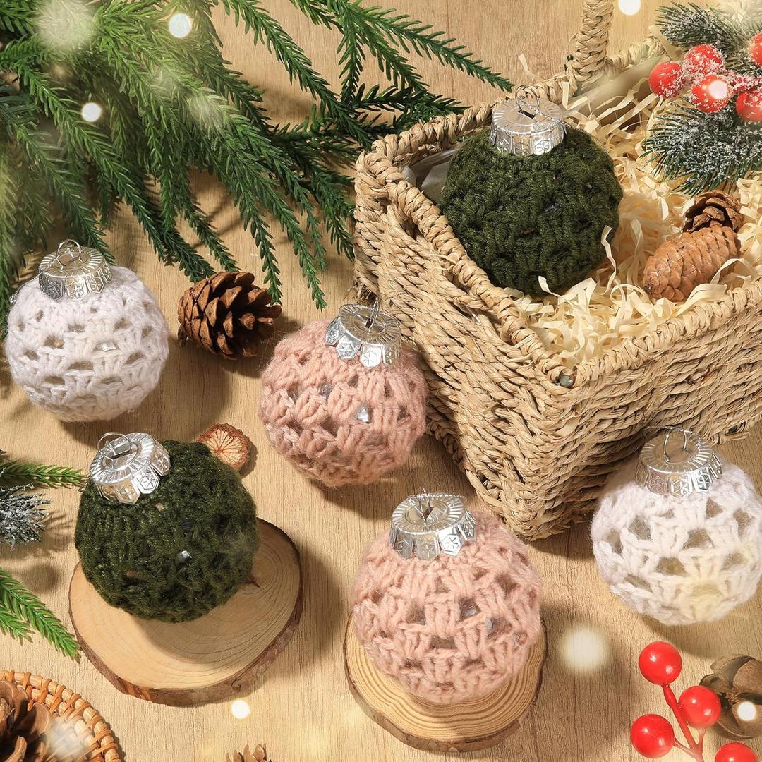 6 Pcs Green White Crochet Christmas Ornaments Ball Rustic Farmhouse Xmas Tree Decoration 2.36 Inch Neutral Handmade Knitted Xmas Tree Hanging Supplies for Winter Holiday Indoor Home Party Decor