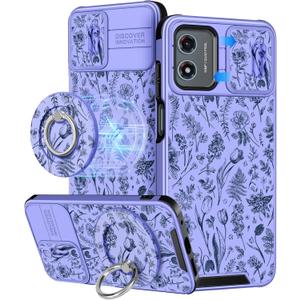 Buleens for Moto G Play 2024 Case 4G - with Ring Stand & Camera Cover Aesthetic Cute Designed for Women Girls Kawaii Flowers Floral Girly Phone Case for Motorola G Play 2024 4G Compatible with Magsafe