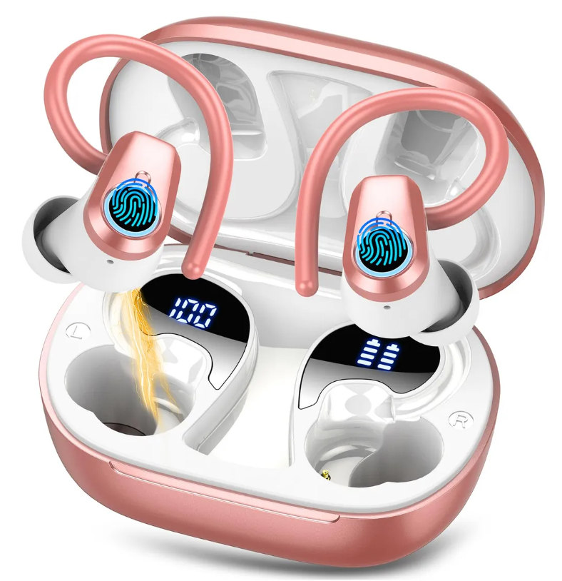 Poounur Ear Hook Sport Earbuds, Bluetooth Headphones with Mic, IPX5 Waterproof, 80H Playtime, Deep Bass, Secure Fit for Running Gym Workout - Pink