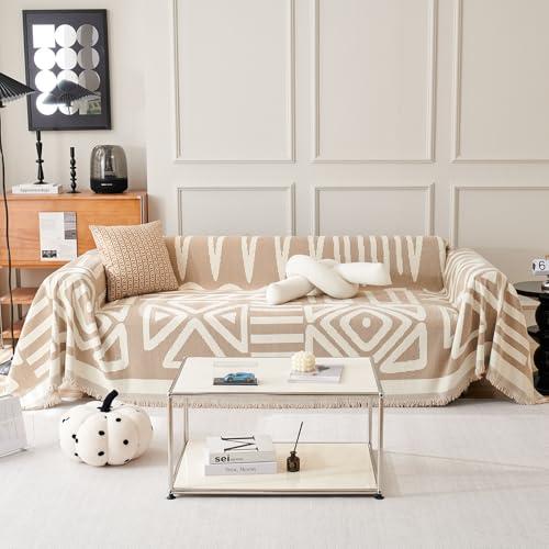 VClife Boho Couch Cover Loveseat Cover for 2 Cushion Couch Sofa 180"X150", Washable Sofa Covers Furniture Protector for Dog Khaki Geometry Jacquard Sofa Couch Covers with Tassel