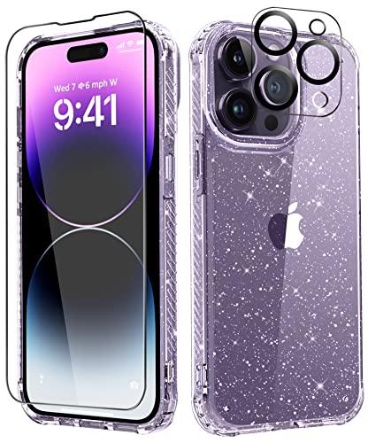 MIODIK for iPhone 14 Pro Max Case with Screen Protector + Camera Lens Protector, [Non-Yellowing] Clear Glitter Phone Case, Shockproof Protective Women Cute Bumper Cover for 6.7 Inch - Sparkle Clear