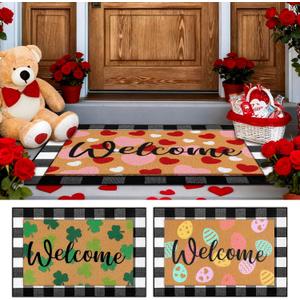 HunnmingRe 4 Pcs Valentine's Day St. Patrick's Day Easter Welcome Door Mats Outdoor Non Slip Buffalo Plaid Floor Rug Shamrock Heart Eggs Imitation Coconut Coir Door Mats for Front Porch Entryway Decor