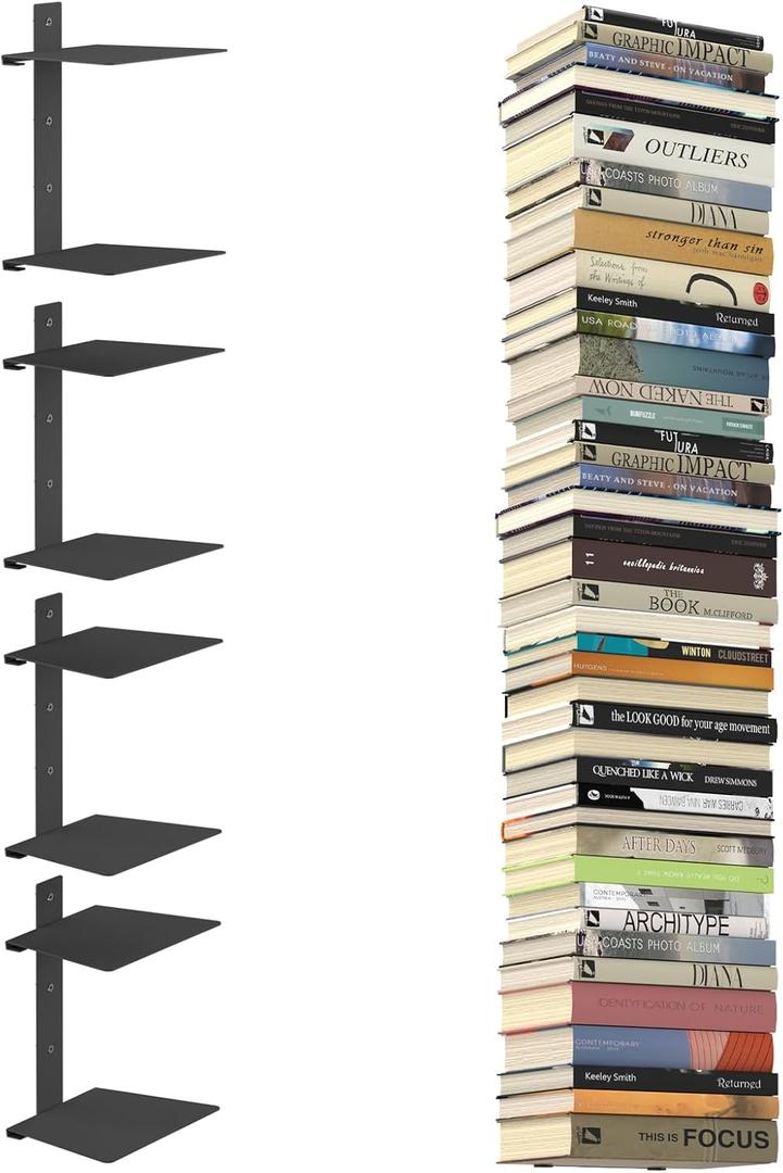 Invisible Floating Bookshelves for Wall, 8 Tier Vertical Spine Book Tower, Heavy Duty Floating Book Shelves Metal Book Organizers for Home Office, 4 Pack(Black)