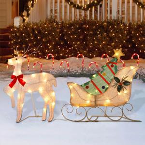 WATERGLIDE Set of 2 Christmas Decorations Outdoor, 23 Inch Lighted Reindeer & Santa Sleigh, Pre-Lit Xmas 2D Yard Decor with Lights, Plug in for Festive Holiday Front Door Garden Patio Lawn Display