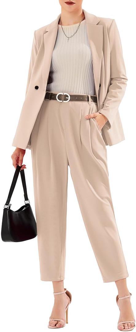 EXLURA Women's Business Blazer and High Elastic Waist Pant Suit Set Loose Fit Casual Fall Winter 2 Piece Suits for Work (Large, Apricot)