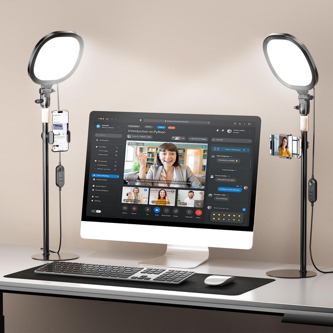PQRQP 2 Packs Ring Light with Stand, Adjustable Desktop Lamp with Phone Mount, CRI 97+ Studio-Grade Video Conference Light for Video Calls, Home Office, TikTok Live & Vlog Filming (Nocturnal Black)