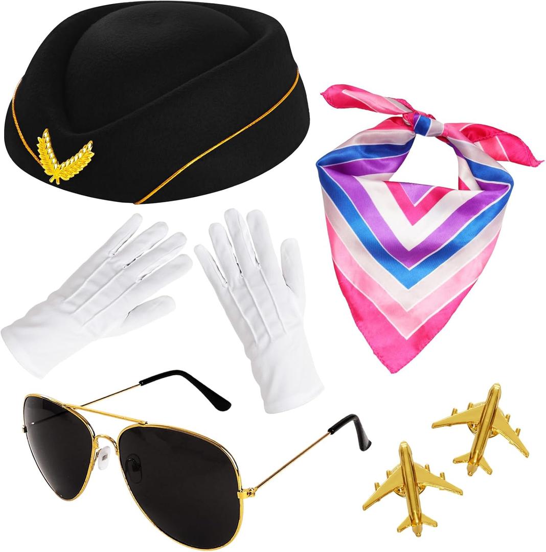 5 Pcs Flight Attendant Costume Accessories Women Airline Stewardess Outfits Flight Attendant Hat Pin Sunglasses Scarf Gloves (Black)