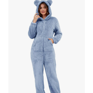 Flygo Womens Fleece Onesie Pajamas Winter Warm Fuzzy One Piece Romper Loungewear Teddy Ears Zipper Hooded Jumpsuit Sleepwear Size M
