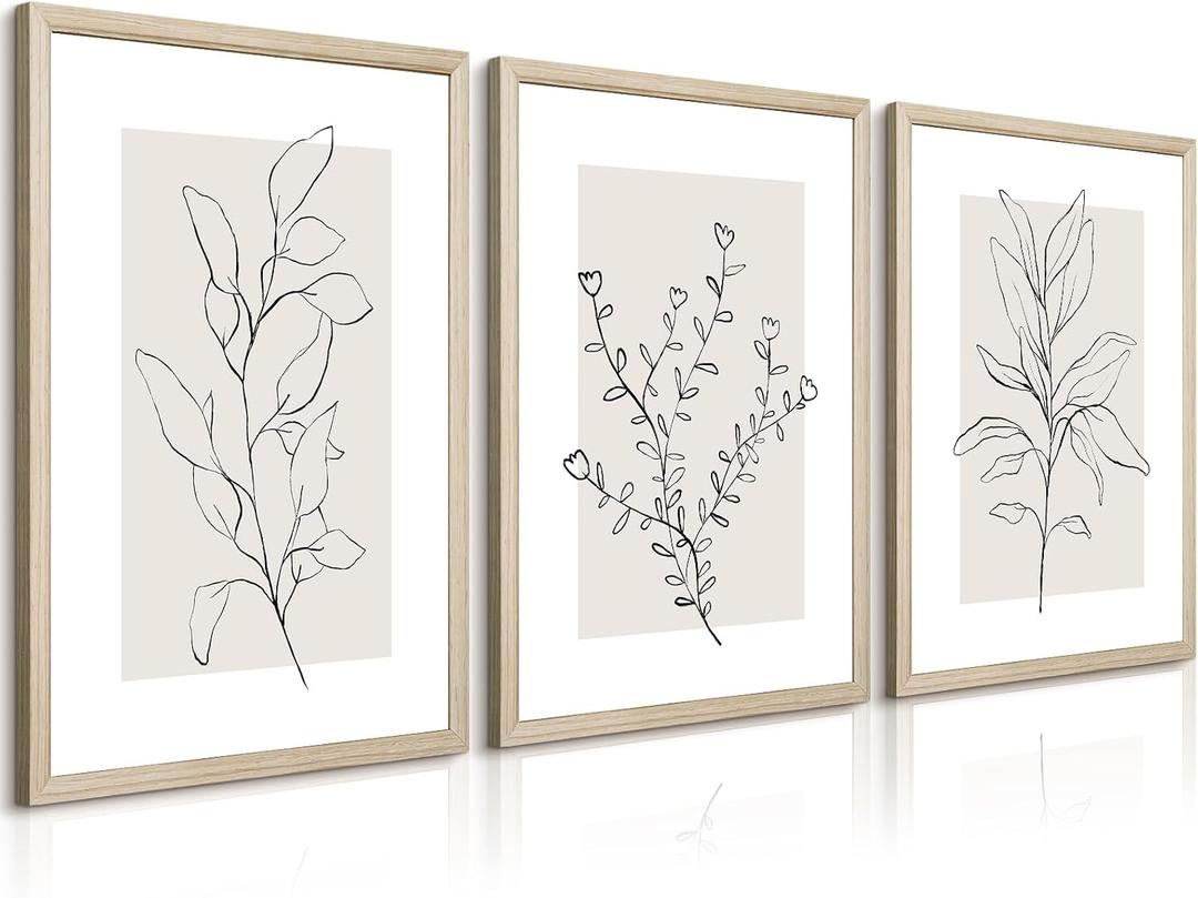 Neutral Botanical Prints Wall Art Decor Plant Minimalist Canvas Pictures Vintage Beige Wall Art Modern Farmhouse Line Poster Boho Abstract Painting Artwork for Bedroom 16x24 Inch Framed Set of 3