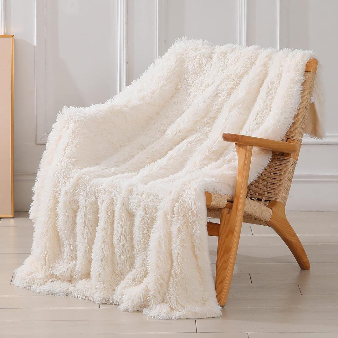 Tuddrom Decorative Extra Soft Fuzzy Faux Fur Throw Blanket 50" x 60",Solid Reversible Long Hair Shaggy Blanket,Fluffy Cozy Plush Comfy Microfiber Fleece Blankets for Couch Sofa Bedroom,Cream White