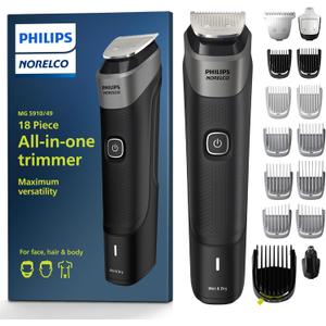 Philips Norelco Multigroom Series 5000 18 Piece, Beard Face, Hair, Body and Intimate Hair Trimmer for Men - NO BLADE OIL MG5910/49 (Black)