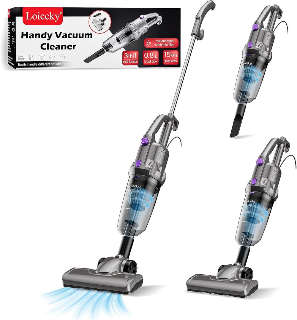 Corded Stick Vacuum Cleaner, 600W Adjustable Speed (5.5-15KPa Suction), 3-in-1 Lightweight Handheld Vac, Washable HEPA Filter, 0.8L Dust Cup, 180° Swivel for Hardwood Floor, Carpet & Pet Hair