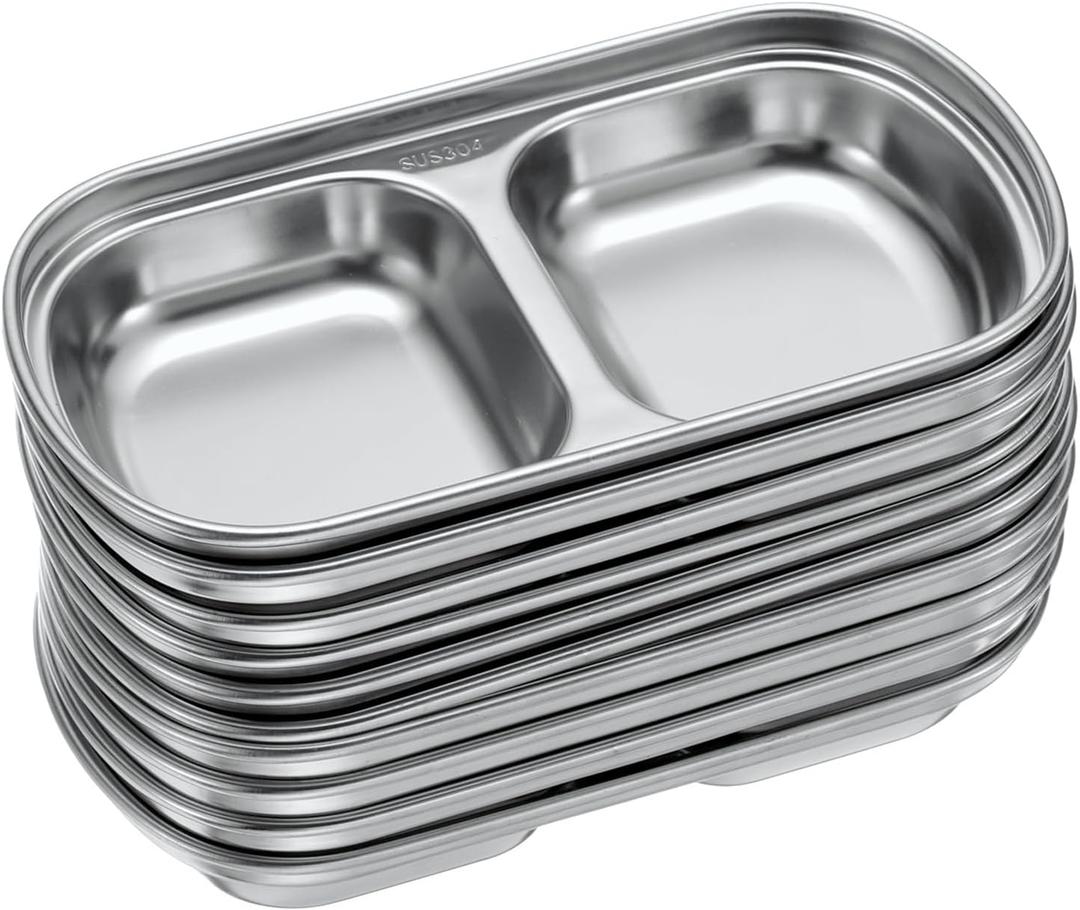 uxcell 10 Pack Stainless Steel Dish Dipping Bowls with 2 Rectangular Compartment Divided, Metal Seasoning Plate Dipping Bowl for Condiment Home Party Restaurant Picnic Travel, Silver