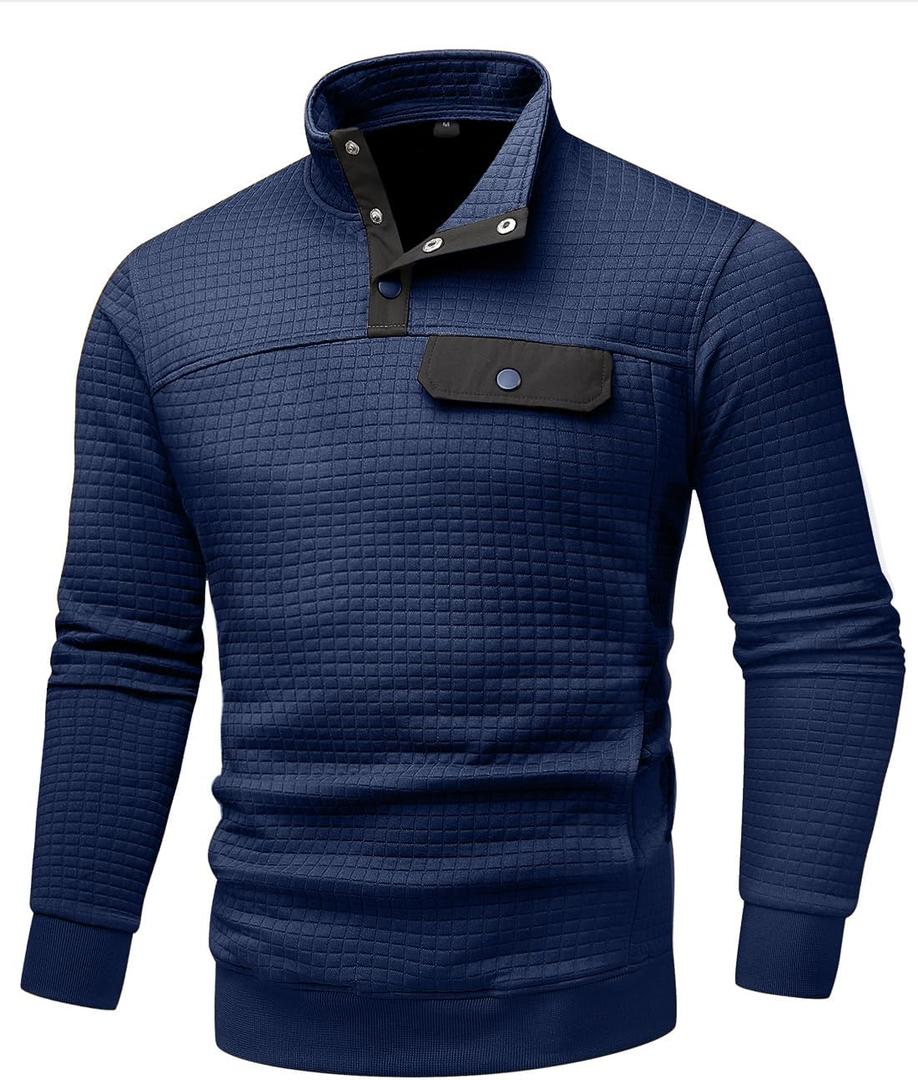 Wizoat Men's Quilted Sweatshirt Casual Waffle Stand Collar Button Pullover Sweatshirts (Blue, XXXL)