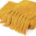 Pavilia Mustard Yellow Chenille Blanket for Twin Size Bed, Soft Gold Knit with Tassel Fringe, Woven Chenille Decorative Blanket for Sofa Couch Living Room Decor Gift, Twin 60x80