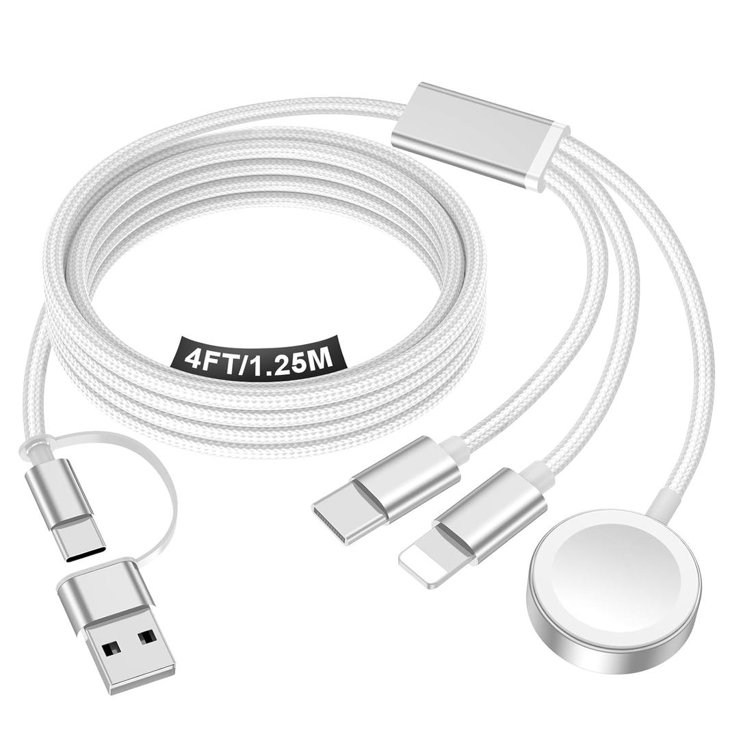 Travel Essentials for Apple Watch Charger,iPhone Charger,3 in 2 Type C/Lightning/Magnetic Travel Charging Cable Docks,Portable Multi Charging Cable for Apple Watch, iPhone 1711, Samsung S26,Car  4ft (All White)