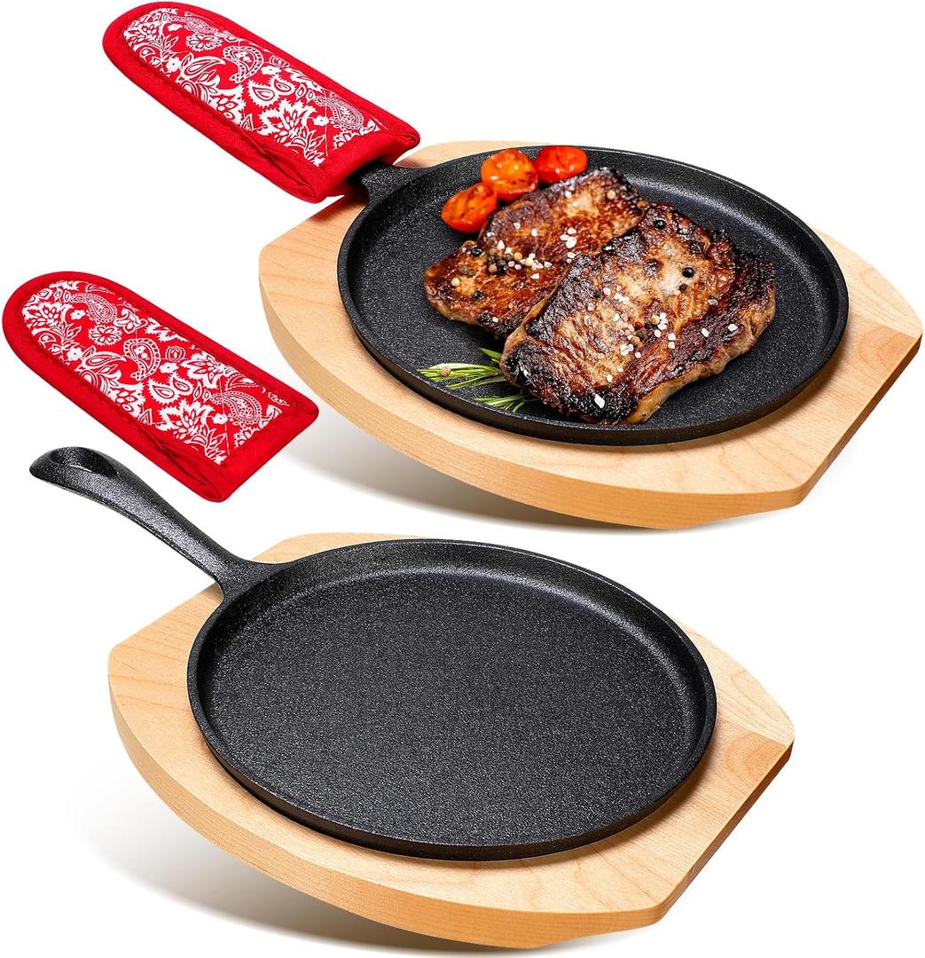 Mimorou 2 Sets Cast Iron Skillet Round Fajita Pan 7.87 Inch Fajita Plate Sizzler Pan with Wooden Base and Anti Scald Protection Hot Mitt for Kitchen BBQ Home Party Restaurant Catering Service