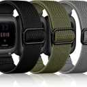 Maledan 3 Pack Stretchy Solo Loop Compatible with Fitbit Versa 2 Bands Women Men, Soft Nylon Sport Replacement Versa 2 Watch Band for Fitbit Versa 2/Versa Lite, Black/Green/Gray