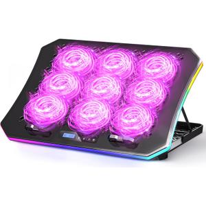 KeiBn Laptop Cooling Pad, Gaming Laptop Fan Cooling Pad with 9 Quiet Fans, RGB Laptop Cooler for 15.6-17.3 Inch, Cooling Pad for Laptop with 7 Height Stands, 2 USB Ports, Phone Stand-Purple