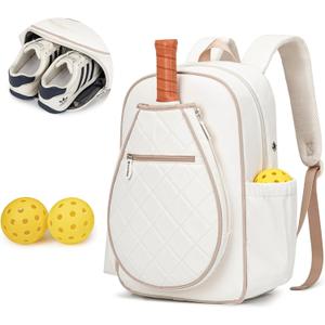 KAVIGOR Pickleball Bag, Quilted Pickleball Backpack with Shoe Compartment & Waterproof Pocket, Pickle Ball Paddle Bag Fits 2 to 4 Paddles for Women and Men (Beige)