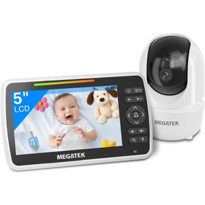 MEGATEK BabyView Video Baby Monitor with Camera and Audio, 5 Screen, Pan-Tilt-Zoom, No-WiFi 2.4GHz Wireless, 30-Hour Battery, Night Vision, 2-Way Talk, VOX, Lullabies, Timer, Temperature Alerts