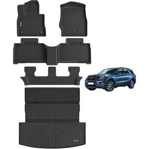 Floor Mats & Big Cargo Liners Compatible for Ford Explorer 2020-2024 Version. All Weather 3 Rows Anti-Slip TPE Mat-Black. (7-Seats)