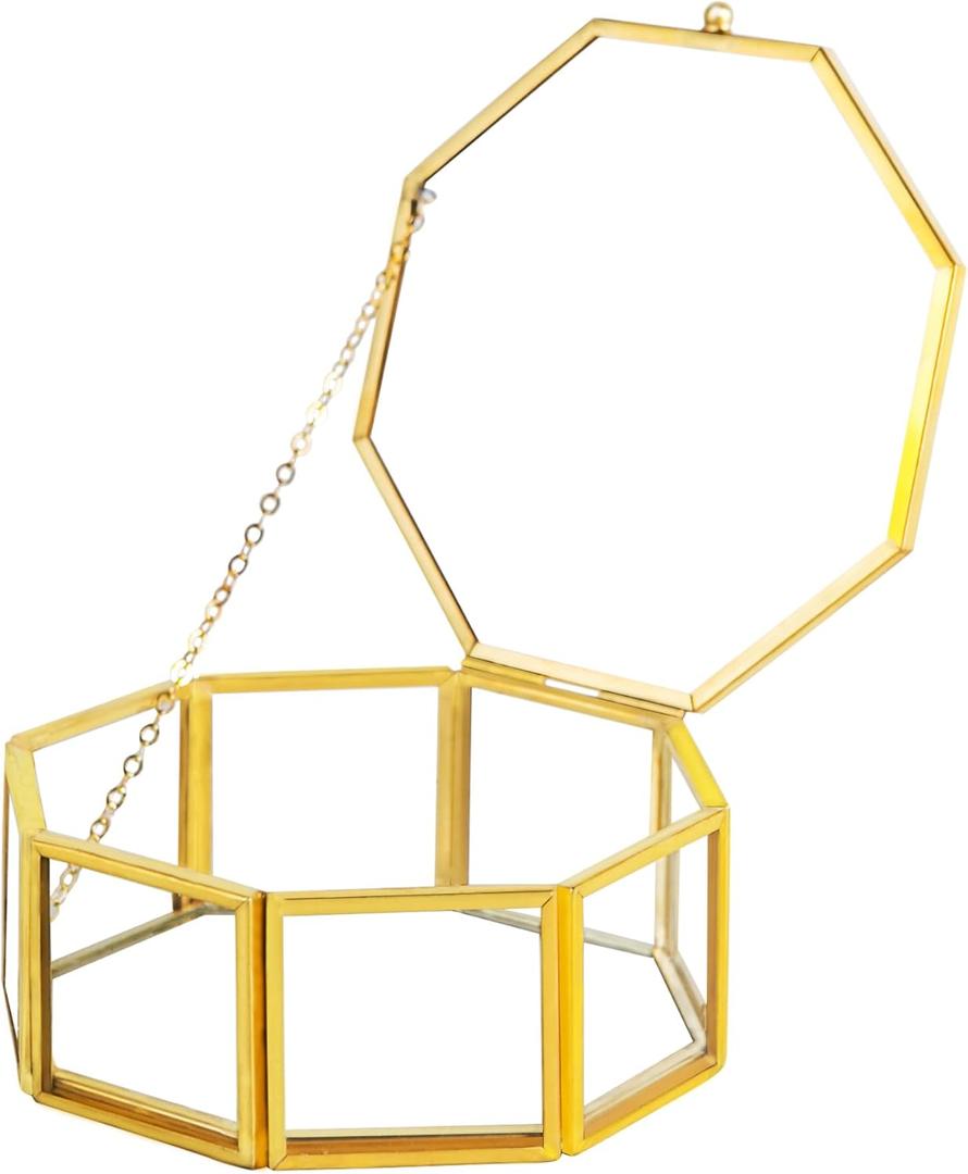 Glass Vintage Jewelry Box, Golden Geometric Jewelry Display Organizer Box Vanity Lidded Box Home Decor Accent Decorative Box for Storage Trinket Rings Bracelet