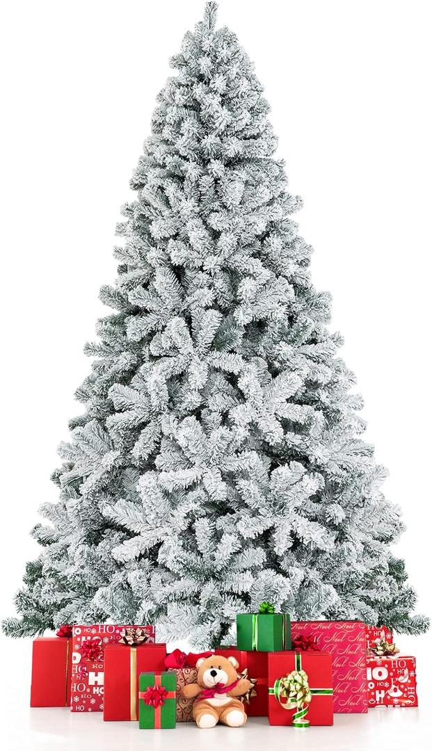 7.5 FT Snow Flocked Christmas Tree, Artificial Holiday Hinged Pine Tree with 1010 Branch Tips, Solid Metal Stand, Premium Xmas Full Fake Tree for Home, Office, Party Decoration