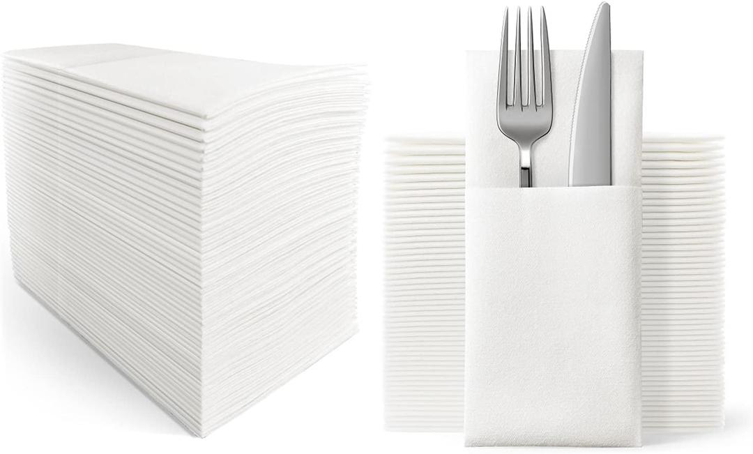 Disposable Dinner Napkins Cloth Like with Built-in Flatware Pocket,Wedding Party Linen Feel White Napkin, Prefolded for Silverware,15.74"x15.74" Pack of 50