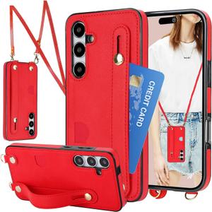 CCSmall Crossbody Case for Samsung Galaxy S24 with Card Slot Holder for Women, Removable Adjustable Shoulder Strap Lanyard with Wristband Kickstand Phone Cover Case for Samsung S24 KB Red