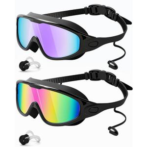 Rantizon Swim Goggles 2 Pack, Wide View Anti Fog&UV Swimming Goggles for Audlt, No Leaking Swim Glasses for Men Women Kids (Large for Adults, Black Pink & Black Purple)