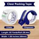 Packing Tape, 12 Rolls Clear Heavy Duty Packaging Tape with Dispensers for Packing, Shipping, Moving and Mailing, Thicker Sealing Tape-1.88" x 65 Yards Per Roll, 780 Total Yards