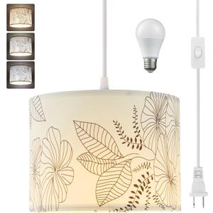 Plug in Pendant Light, 15 FT Hanging Lamp with Plug in Cord, On/Off Switch, Flower Fabric Shade, 3 Color Bulb Hanging Light Fixture for Bedroom, Living Room Dining